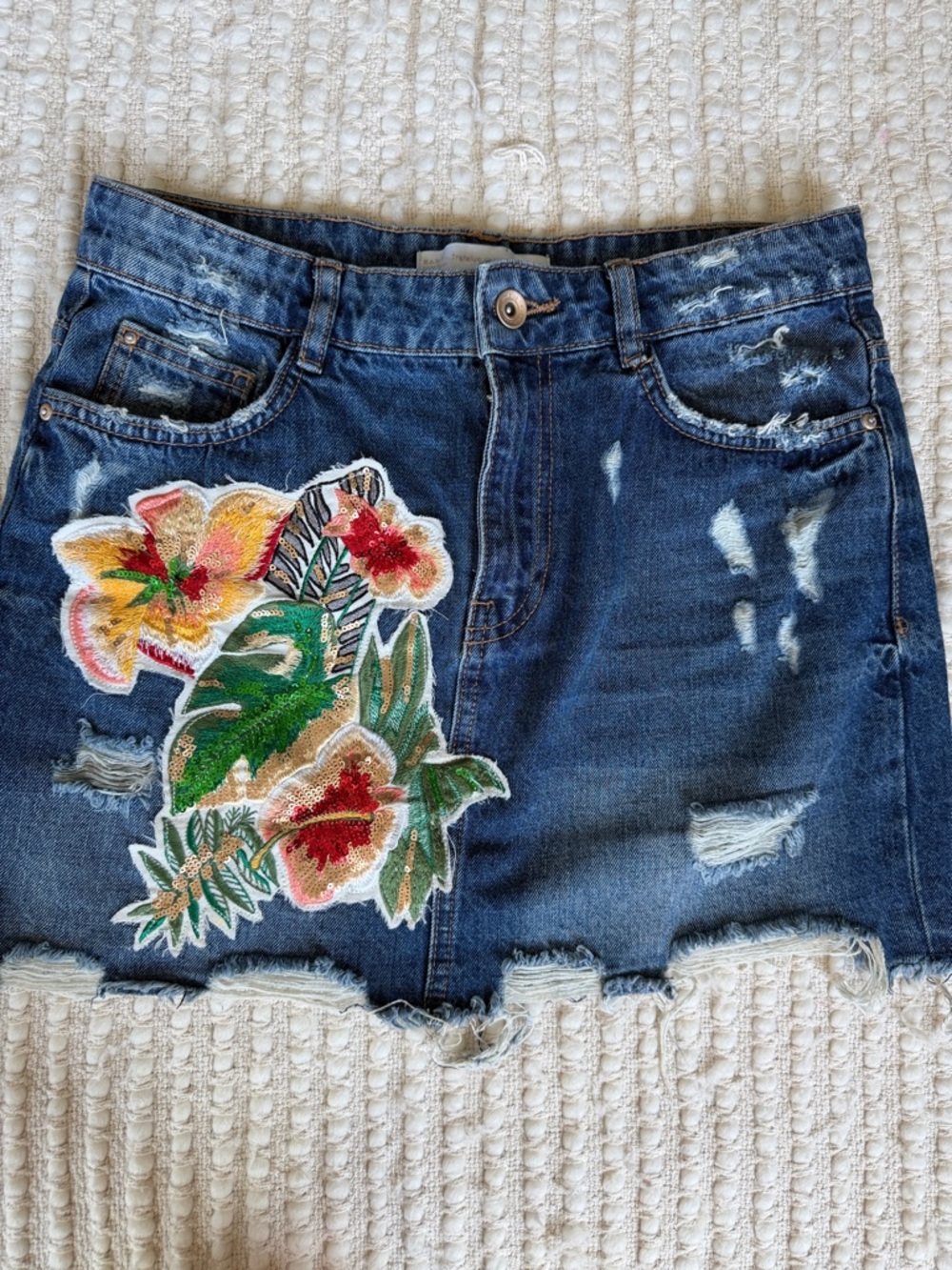 Zara Floral Patch Distressed Denim Skirt - Dark Blue